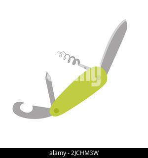 Coltello svizzero, multitool, coltello tascabile multifunzione. Attrezzature per pesca, turismo, viaggi, campeggio, escursioni. Illustrazione vettoriale piatta isolata su a. Illustrazione Vettoriale