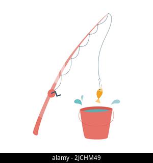 Canna da pesca con lenza e pesce su un gancio. Attrezzatura per la pesca. Secchio con acqua. Hobby, attività estiva, estrazione di cibo. Vettore piatto ill Illustrazione Vettoriale