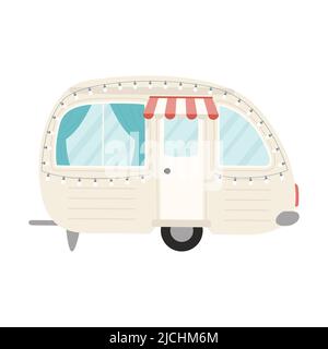 Camper, roulotte da viaggio o roulotte retrò. Auto per viaggi, camper, campeggio, escursioni e camper. Illustrazione vettoriale piatta isolata su Illustrazione Vettoriale