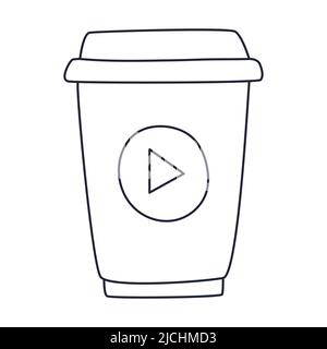 Una tazza di carta di caffè da togliere. Bevanda calda. Delineare il doodle. Illustrazione vettoriale in bianco e nero isolata su sfondo bianco Illustrazione Vettoriale