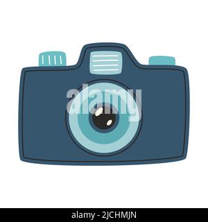 Fotocamera SLR. Un dispositivo fotografico con zoom e flash. Un simbolo di viaggio, avventura. Illustrazione vettoriale piatta isolata su sfondo bianco. Illustrazione Vettoriale