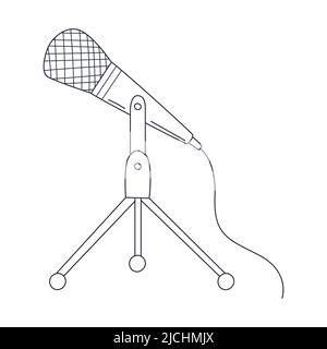 Microfono professionale da studio con cavo a profilo sul supporto. Impianto audio musicale per podcasting, canto, karaoke. Vettore bianco e nero di doodle lineare Illustrazione Vettoriale