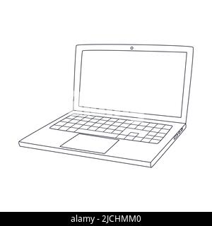 Un computer portatile aperto con uno schermo vuoto. Un dispositivo elettronico con uno spazio vuoto per il testo. Delineare il doodle. Illustrazione vettoriale in bianco e nero isolata su Illustrazione Vettoriale