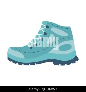 Scarpe da trekking. Una scarpa blu per viaggi turistici con un battistrada speciale sulla suola. Attrezzature per turismo, viaggi, picnic, escursioni, sport. Vettore piatto illus Illustrazione Vettoriale