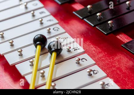 Xylophone portatile o sticcado con bastoncini a tamburo per le arti musicali educative con strumento classico per la creatività e musicisti per il ritmo della tastiera Foto Stock