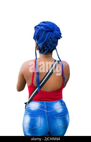 Retro di donna nera che indossa un grande bun reale capelli blu di trecce in pizzo sintetico su sfondo isolato. Foto Stock