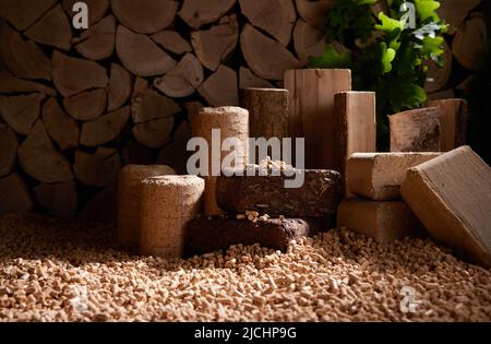 Mucchio di pellet di combustibile sparsi vicino a pila di legna da ardere tagliata e set di bricchetti di biomassa compressa vicino foglie di quercia Foto Stock