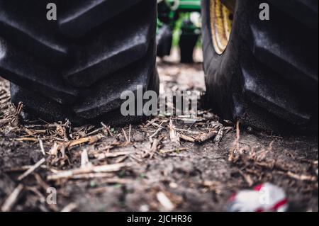 Compattazione del suolo causata da pneumatici di trattori doppi su terreno interrato in un campo vuoto prima della semina. Foto Stock