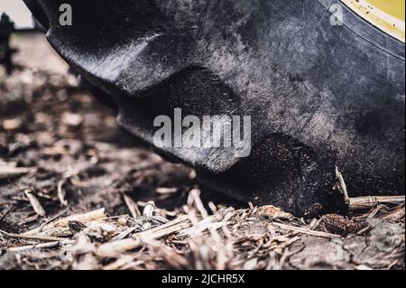 Compattazione del suolo causata da un pneumatico del trattore di grandi dimensioni sopra lo sporco del terreno in un campo vuoto prima della semina. Foto Stock