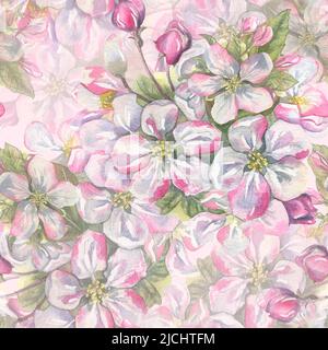 L'illustrazione di acquerello è un modello senza giunture degli alberi di frutta fiorenti e degli attrezzi del giardino. Un set floreale fresco e bello per la primavera. Per la progettazione, Foto Stock