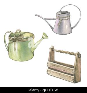 Acquerello illustrazione di annaffiature lattine e legno giardino scatola isolato. Per design, decorazione e cartoline. Foto Stock