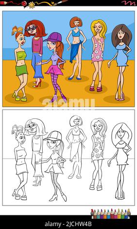 Illustrazione di cartoon delle ragazze graziose o della giovane donna caratteri gruppo colorare pagina Illustrazione Vettoriale