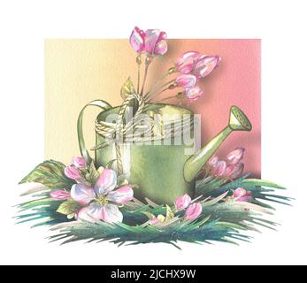 Acquerello illustrazione composizione di alberi da frutto fioriti e attrezzi da giardino. Un set floreale fresco e bello per la primavera. Per design, decorazione Foto Stock