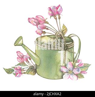 Acquerello illustrazione composizione di alberi da frutto fioriti e attrezzi da giardino. Un set floreale fresco e bello per la primavera. Per design, decorazione Foto Stock