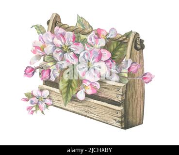 Acquerello illustrazione composizione di alberi da frutto fioriti e attrezzi da giardino. Un set floreale fresco e bello per la primavera. Per design, decorazione Foto Stock