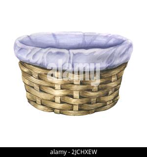 Un cestino di vimini con un panno all'interno. Per cosmetici, fiori, cibo, interni per la casa. Oggetto isolato, acquerello da un grande set Lavender SPA. Per la d Foto Stock
