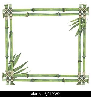 Illustrazione di acquerello, telaio con steli di bambù e foglie. Con corda di iuta, quadrata. Per decorazione e design, menu, poster, cartoline, inviti Foto Stock