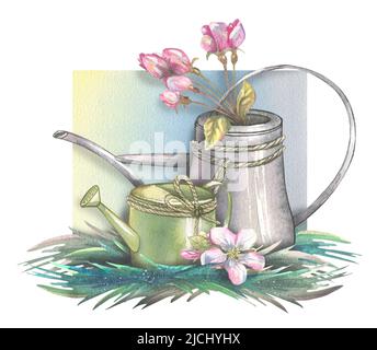 Acquerello illustrazione composizione di alberi da frutto fioriti e attrezzi da giardino. Un set floreale fresco e bello per la primavera. Per design, decorazione Foto Stock