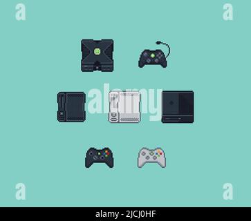 Icone piatte pixel art impostate. Tecnologia retrò, computer, joystick, gamepad. Progettare app. Risorse di gioco. Illustrazioni vettoriali astratte isolate. Illustrazione Vettoriale