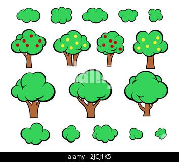 Set di alberi e cespugli in stile cartoon per la stampa e il design. Illustrazione vettoriale. Illustrazione Vettoriale