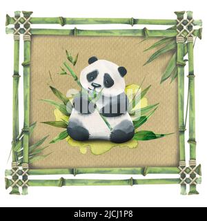 Una cornice per un'illustrazione acquerello dei gambi e delle foglie di bambù con una corda di iuta e un panda mangiante carino. Per la progettazione e la decorazione di cartoline Foto Stock