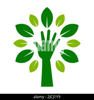 Icona verde ad albero. Braccio umano con foglie. Idea del pollice verde. Concetto di giardinaggio organico. Rimboschimento e sostenibilità. Pianta germoglio growth.Vector Illustrazione Vettoriale