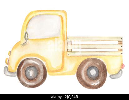 Acquerello trasporto illustrazione, auto carino stampa clip art, bambini disegnati a mano clipart partito. Camion giallo, trasporto asilo nido. Grafica per tessuti Foto Stock