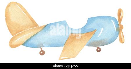 Illustrazione del trasporto dell'acquerello, clip art della stampa dell'aereo del carino, clitpart del partito disegnato a mano dei capretti. Aereo blu e beige, trasporto asilo nido. Artwo Foto Stock