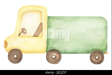 Illustrazione trasporto acquerello, stampa carino camion clip art, bambini disegnati a mano clipart partito. Auto gialla e verde, trasporto asilo nido. Opera d'arte per Foto Stock