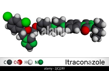 Molecola di itraconazolo. È il farmaco antimicotico triazolico usato per il trattamento di varie infezioni fungine. Modello molecolare. 3D rendering Foto Stock