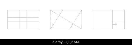 Set di costruzioni Golden Ratio. Rettangolo diviso in proporzioni armoniche. Sequenza Fibonacci. Modello di simmetria perfetto per la fotografia. Simbolo matematico. Illustrazione del contorno vettoriale Illustrazione Vettoriale