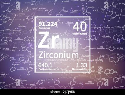 Elemento chimico di zirconio con prima energia di ionizzazione, massa atomica ed elettronegatività su sfondo scientifico Illustrazione Vettoriale