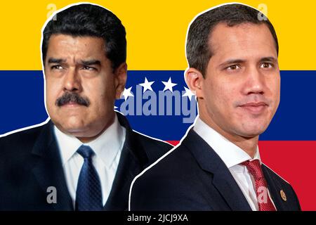 Nicolás Maduro, Juan Guaidó e la bandiera venezuelana Foto Stock