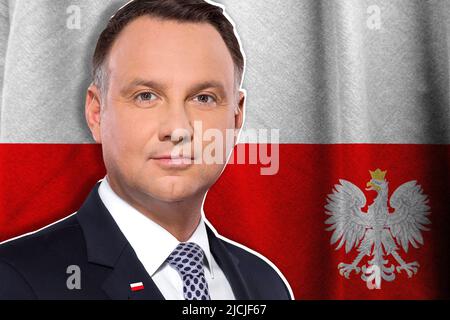 Andrzej Duda, bandiera e stemma della Polonia Foto Stock