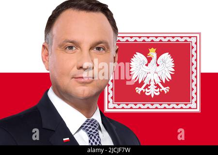 Andrzej Duda, bandiera e stemma della Polonia Foto Stock