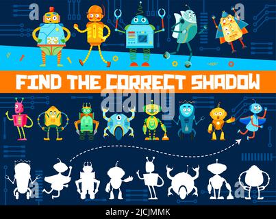 Trova l'ombra corretta dei robot divertenti cartoon, gioco di lavoro partita, puzzle vettoriale. Gioco di logica dei bambini per trovare l'ombra corretta o simile silhouette di robot giocattolo, cyborgs alieni e droidi trasformatore Illustrazione Vettoriale