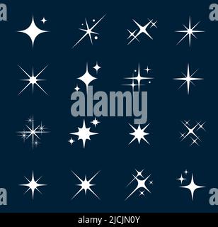 Scintille e scintille delle stelle, raffiche di stelle o lampi e scintille, icone vettoriali. Le stelle brillanti brillano o brillano di luce con effetto luccicante, le stelle con riflesso e i raggi magici brillano Illustrazione Vettoriale