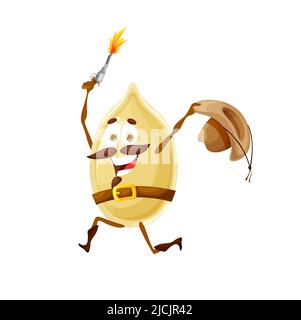 Personaggio di cowboy o bandit con semi di zucca cartoon. Divertente vettore di grano vegetale ranger che tiene cappello, correre e sparare con la pistola. Eroe selvaggio occidentale, personaggio Western moustached Illustrazione Vettoriale
