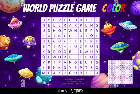 Astronavi cartoni animati e navicelle spaziali in galassia, gioco di puzzle di ricerca di parole, foglio di lavoro vettoriale. I bambini quiz o griglia di indovinello per cercare e trovare parola fantastica pianeti galassia, alieno UFO e nel mondo cosmico Illustrazione Vettoriale