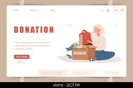 Modello di landing page della donazione. Donna anziana che mette vecchi vestiti usati pronti per essere condivisi o riciclati in scatola di cartone. Volontariato e assistenza sociale Illustrazione Vettoriale