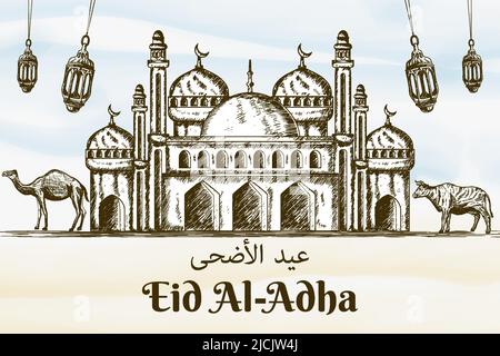 disegno a mano eid al adha sfondo illustrazione con cammello, mucca, e moschea Illustrazione Vettoriale