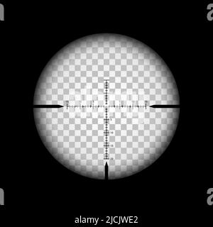 Vista della vista dell'area cecchino, mirino del bersaglio del fucile o del fucile, obiettivo dell'arma vettoriale. Cannocchiale cecchino o mirino, mirino, cannone da fucile militare o militare e mirino ottico con reticolo Illustrazione Vettoriale