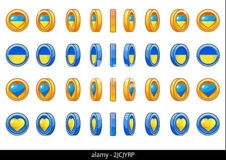 Set di monete rotanti dell'Ucraina con cuore per l'animazione. La moneta ruota nei colori della bandiera Ucraina per il design del gioco. Illustrazione Vettoriale