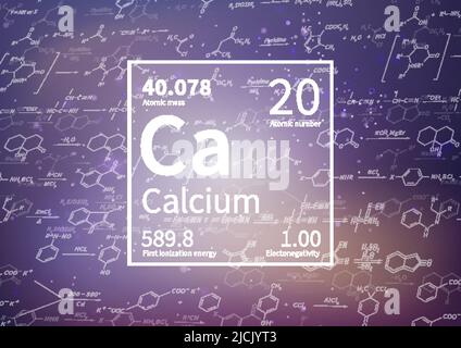 Elemento chimico del calcio con prima energia di ionizzazione, massa atomica ed elettronegatività su sfondo scientifico Illustrazione Vettoriale
