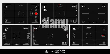 Schermo o cornici del mirino della videocamera e della fotocamera, funzione Vector Cam rec e messa a fuoco. Mirino della videocamera o della fotocamera sovrapposto con griglia di interfaccia per l'acquisizione delle immagini sullo schermo della videocamera digitale Illustrazione Vettoriale