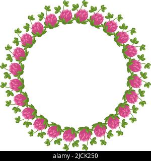 Corona di fiori rosa trifoglio. Telaio rotondo, pianta luminosa carina con foglie di shamrock. Decorazioni natalizie per matrimoni, feste, cartoline, poster e design. Illustrazione piatta vettoriale Illustrazione Vettoriale