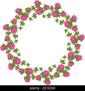 Corona di fiori rosa trifoglio. Telaio rotondo, pianta luminosa carina con foglie di shamrock. Decorazioni natalizie per matrimoni, feste, cartoline, poster e design. Illustrazione piatta vettoriale Illustrazione Vettoriale