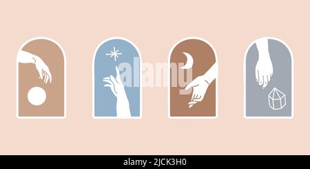 Astratto boho arco finestre set. Mani magiche con stella della luna di sole e cristallo curativo all'interno delle cornici dell'arco. Collezione di carte esoteriche. Scandalo minimalistico Illustrazione Vettoriale