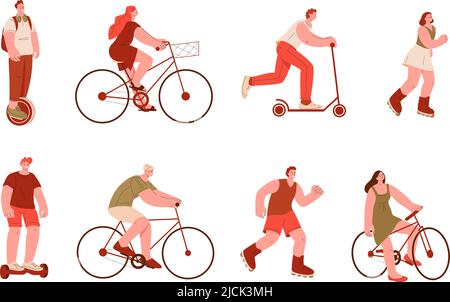 La gente ride. Uomo donna corre in bicicletta e scooter calcio, rulli e segway. Attività giovane all'aperto, vettore isolato di sport urbano kicky adulti Illustrazione Vettoriale