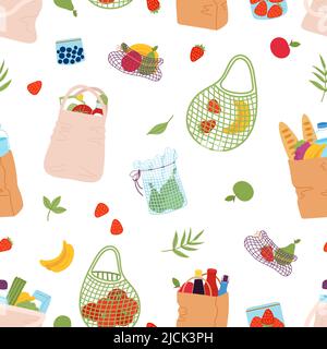 Borse per lo shopping ecologiche. Confezioni di frutta e negozio di alimentari, borsa di carta artigianale con cibo. Prodotti freschi di mercato, zero waste vettoriale modello senza giunture Illustrazione Vettoriale